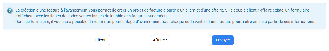 Sélection du client et de l’affaire pour une facture à l’avancement
