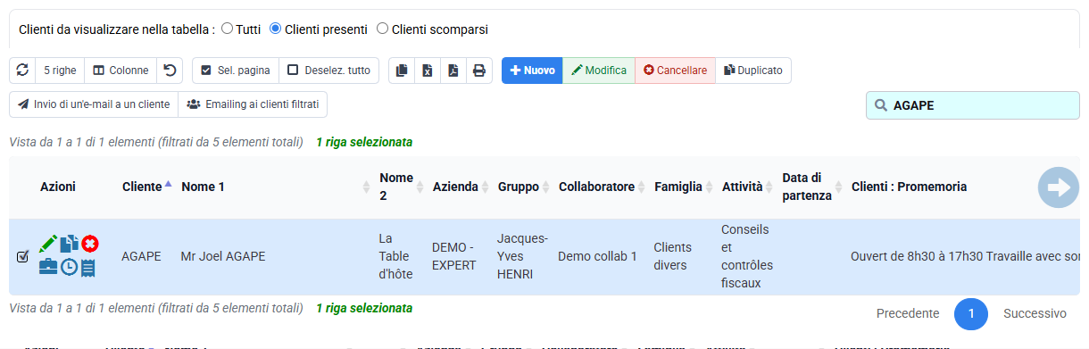 Schermata Tempolia: elenco clienti filtrato