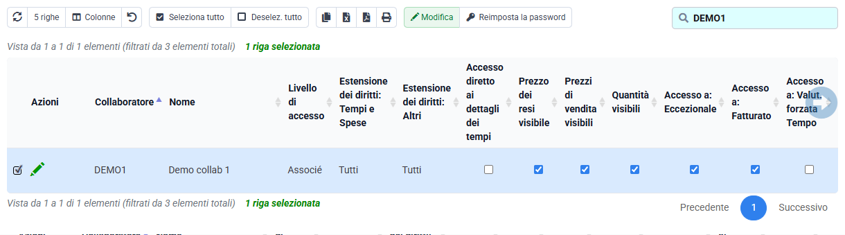Schermata Tempolia: diritti di login del collaboratore