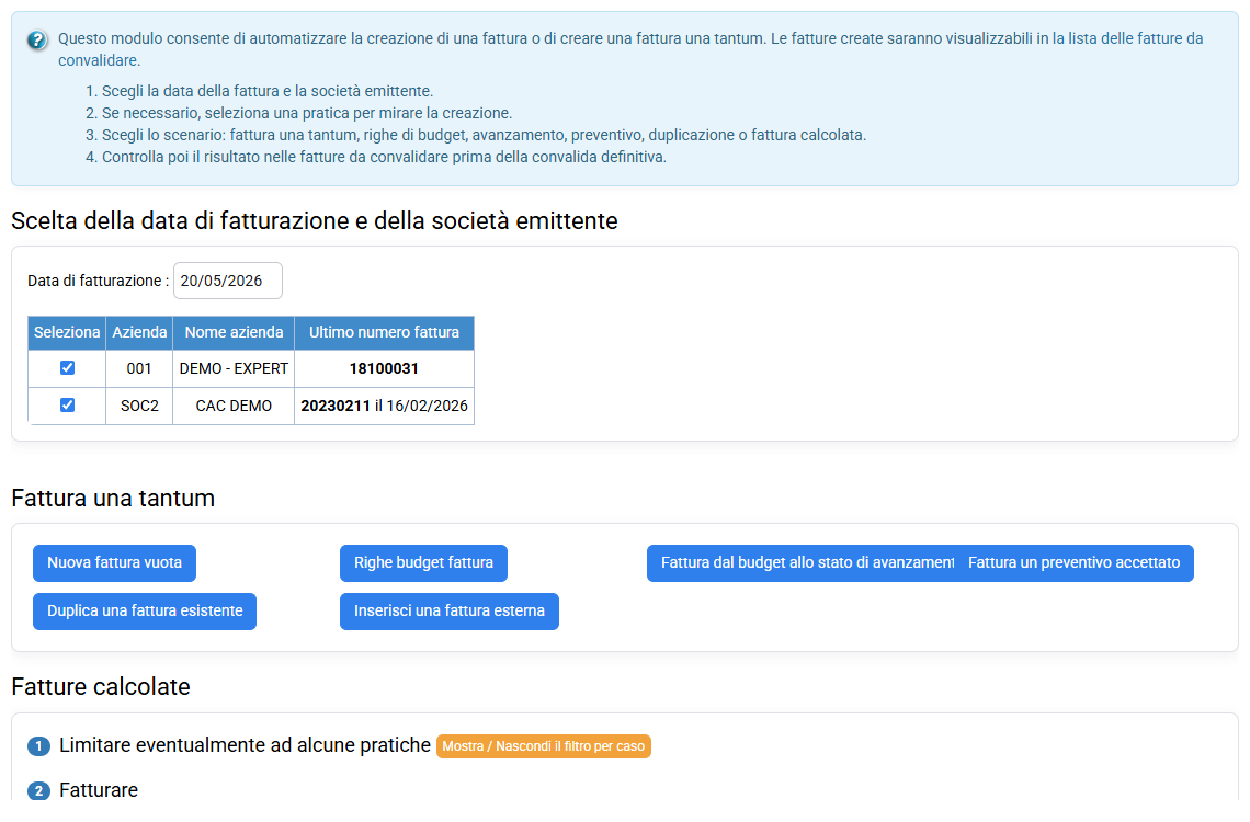 Schermata Tempolia: preparazione fatture