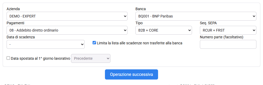 Preparazione SEPA con periodo, banca e scadenze