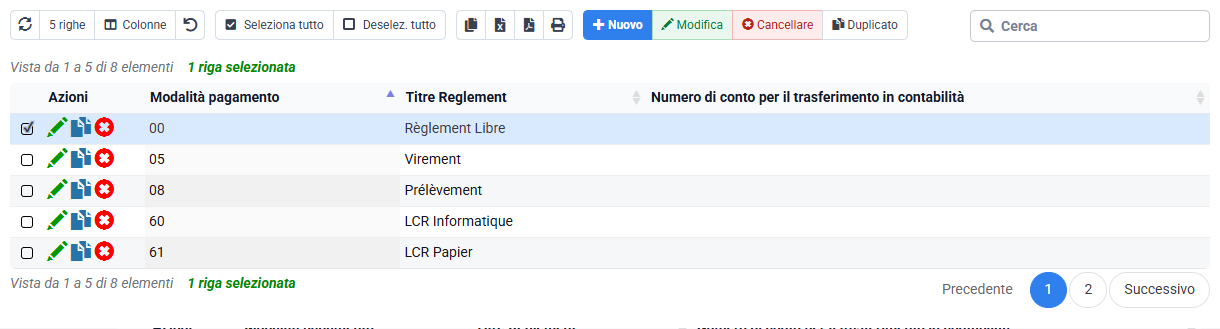 Configurazione che mostra il codice 05 con il titolo Virement (bonifico)
