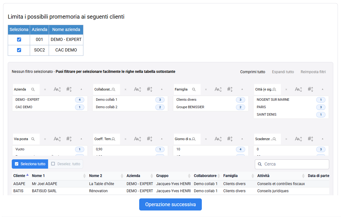 Preparazione dei solleciti con filtri per società, cliente e pratica