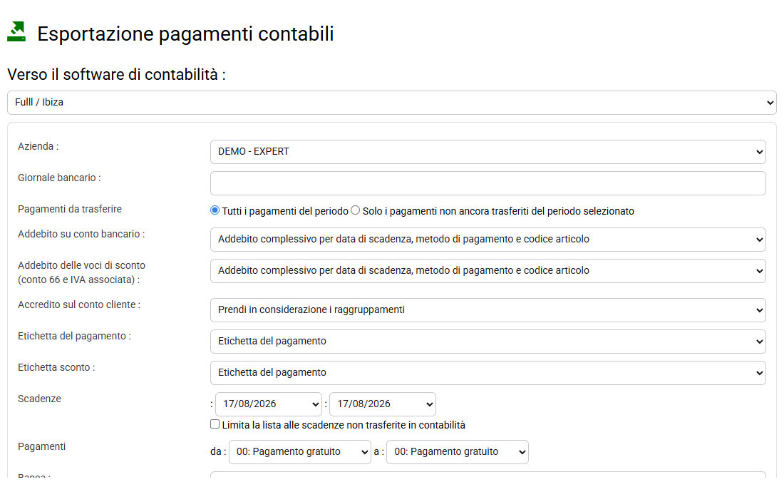 Modulo export pagamenti prima di generare il registro banca per il periodo scelto
