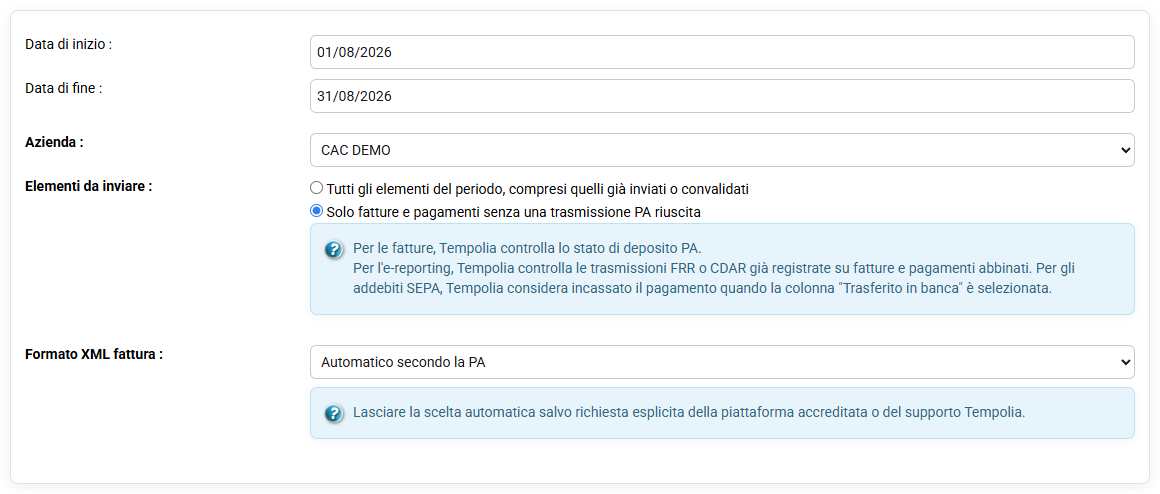 Opzioni di società, periodo, trasferimento e formato XML